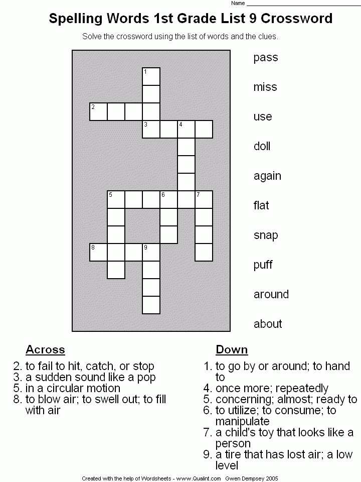 1st Grade Crossword Puzzles
