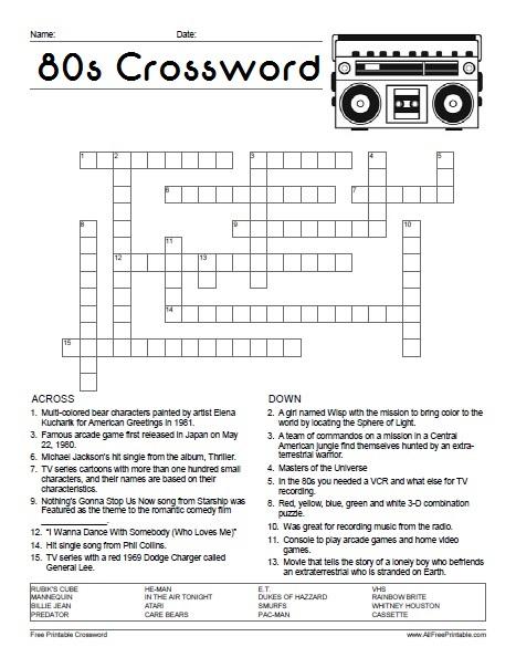 80 S Crossword Puzzle Free Printable AllFreePrintable
