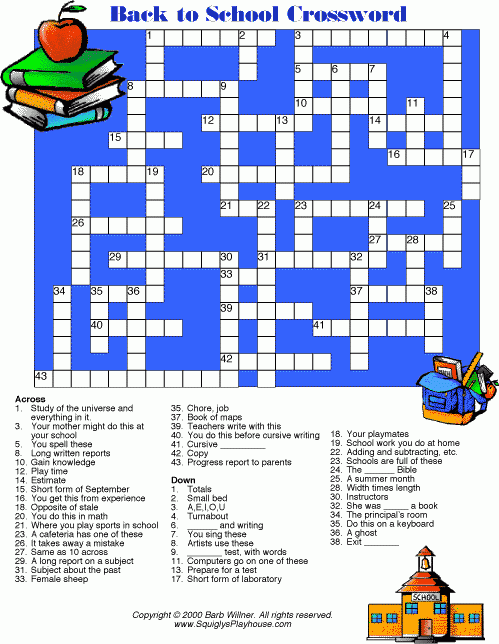 Back To School Crossword Puzzle Printable Free
