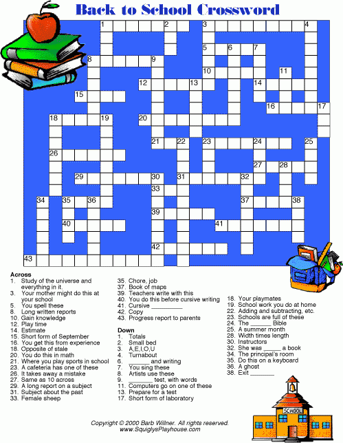 Back To School Crossword Puzzle