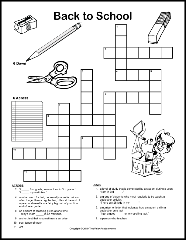 Back To School Crossword Puzzles Tree Valley Academy