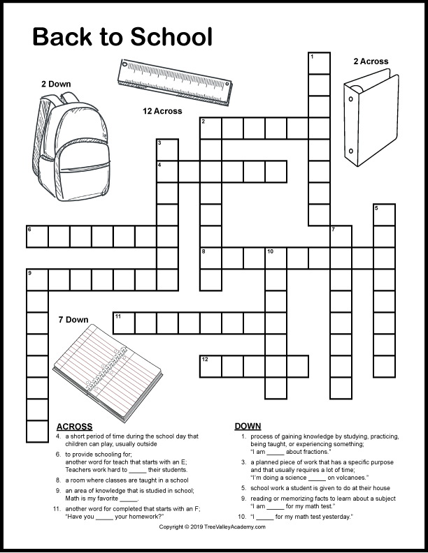 Back To School Crossword Puzzles Word Puzzles For Kids