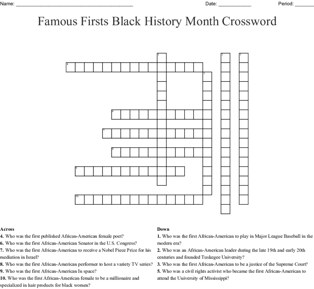 Black History Month Crossword Puzzles Printable