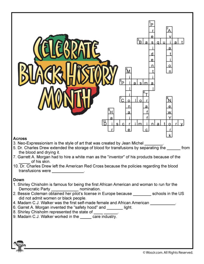 Black History Month Crossword Worksheet Answer Key Woo