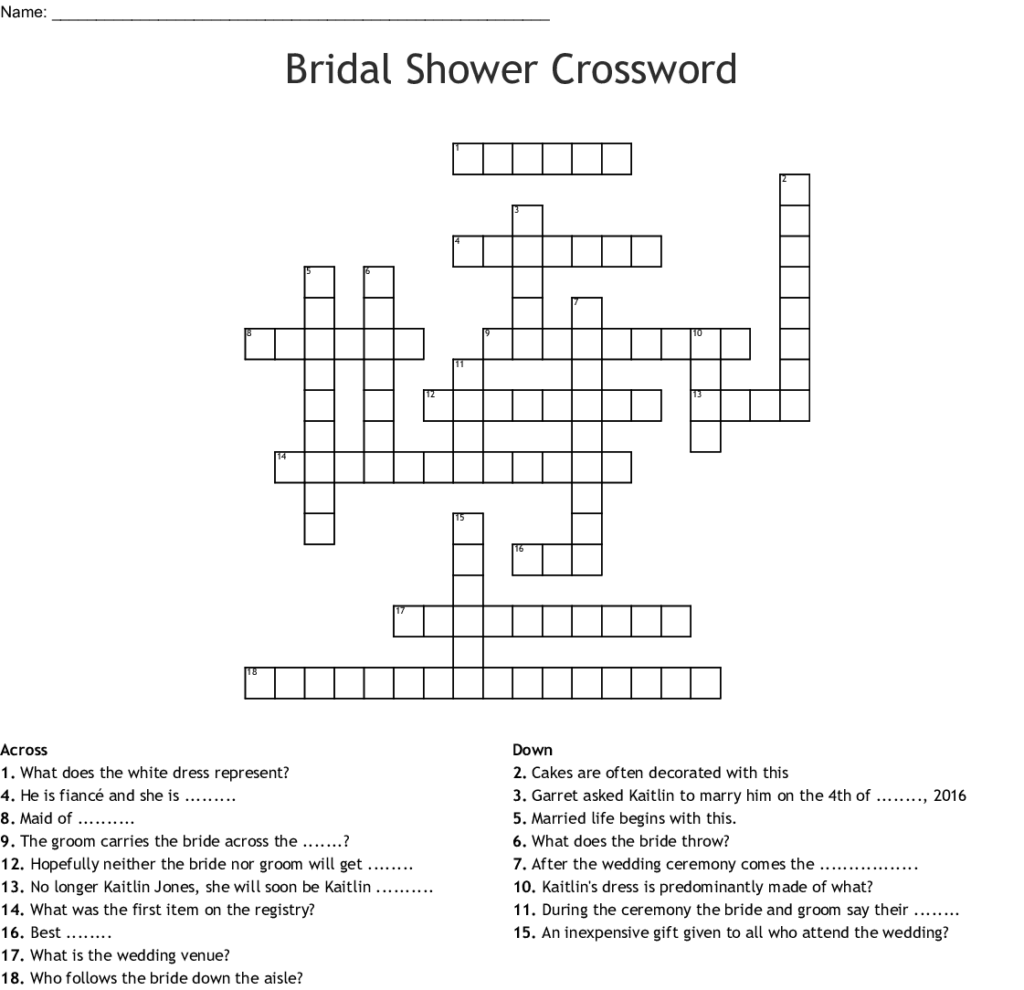 Free Printable Bridal Shower Crossword Puzzle