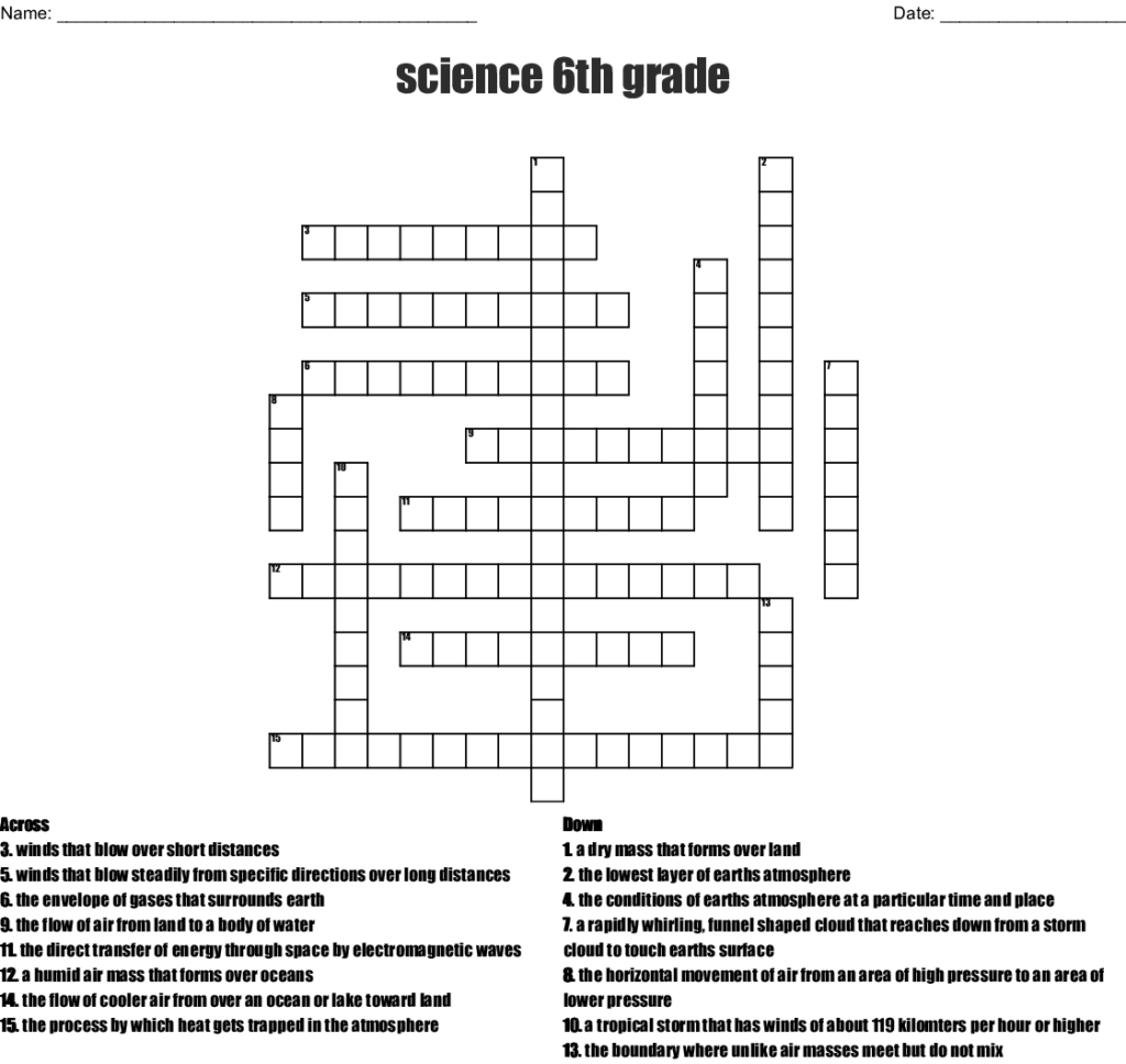 Printable Crossword Puzzles Grade 6