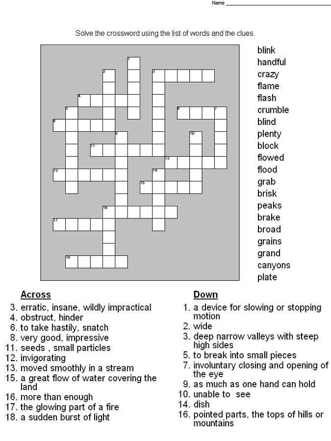 Printable Crossword Puzzles 5th Grade