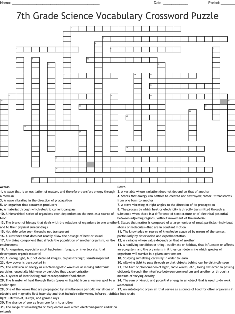 Printable Crossword Puzzles For 6th Graders