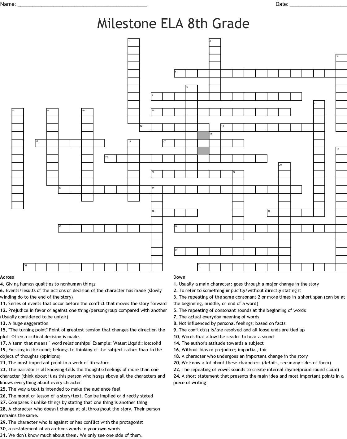 Printable Crossword Puzzles For 8th Graders