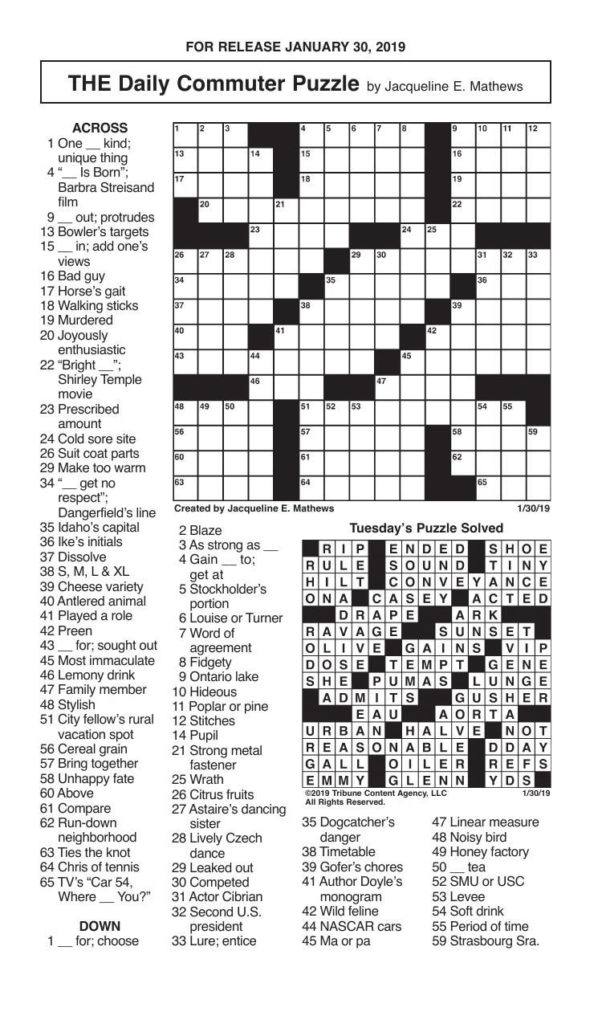 Free Daily Printable Crossword Puzzles January 2020