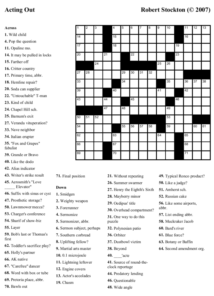 Free Daily Printable Crossword Puzzles January 2012