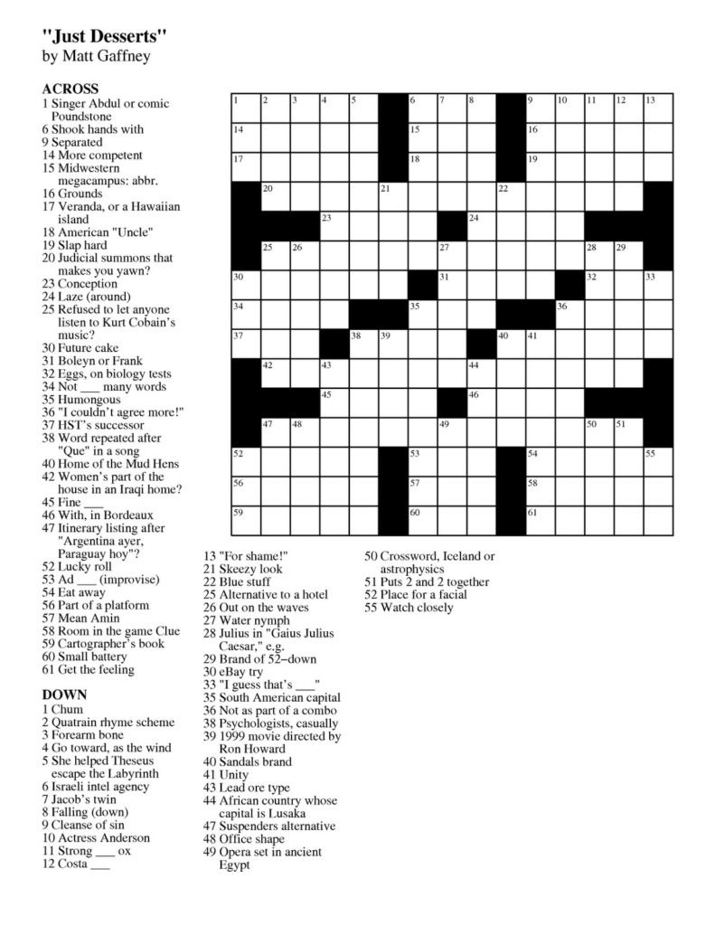 Free Online Printable Crossword Puzzles