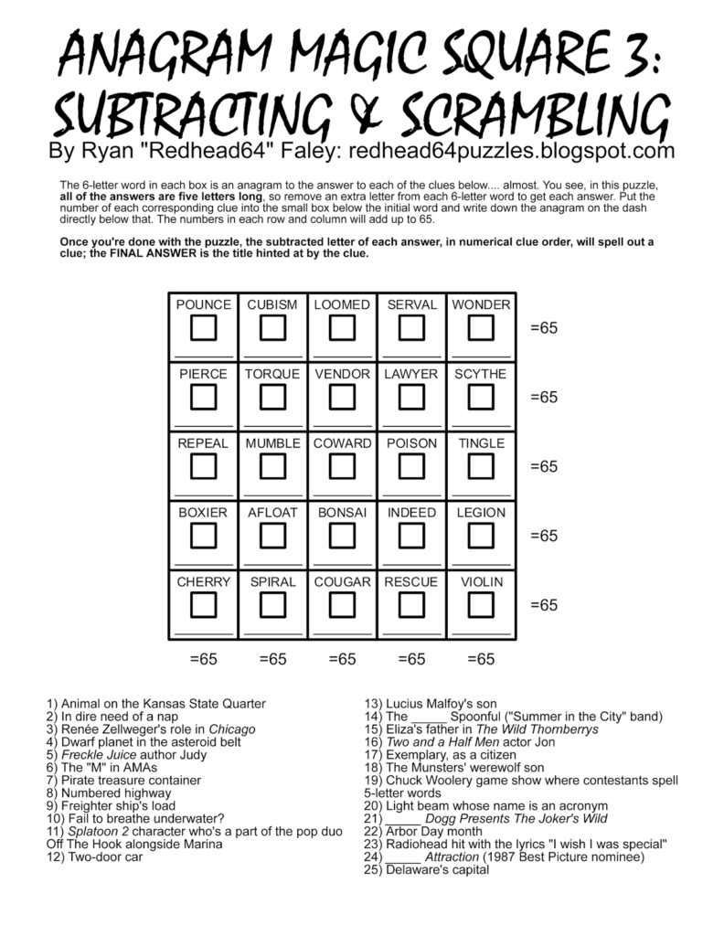 Free Printable Anagram Magic Square Puzzles Free