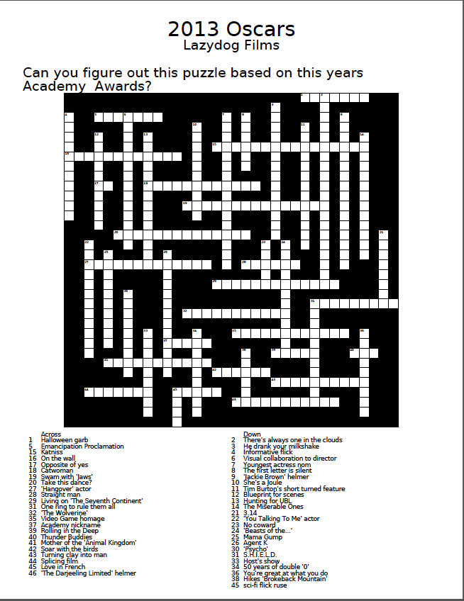LazyDog Film Blog An Oscar Crossword Puzzle To Pass The Time