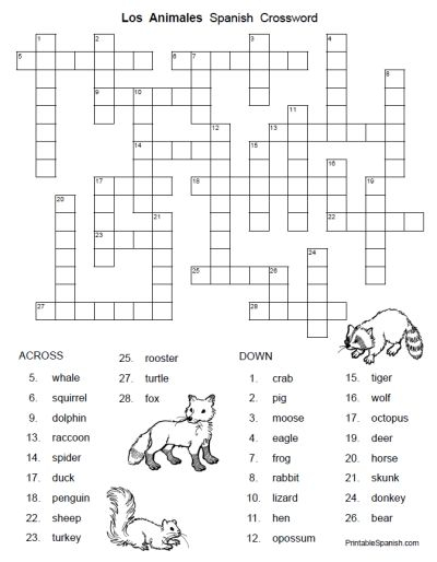 Los Animales Spanish Crossword Puzzle Worksheet FREE