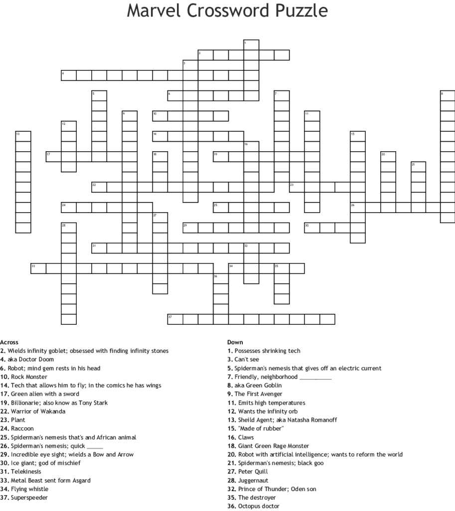 Marvel Crossword Puzzle WordMint