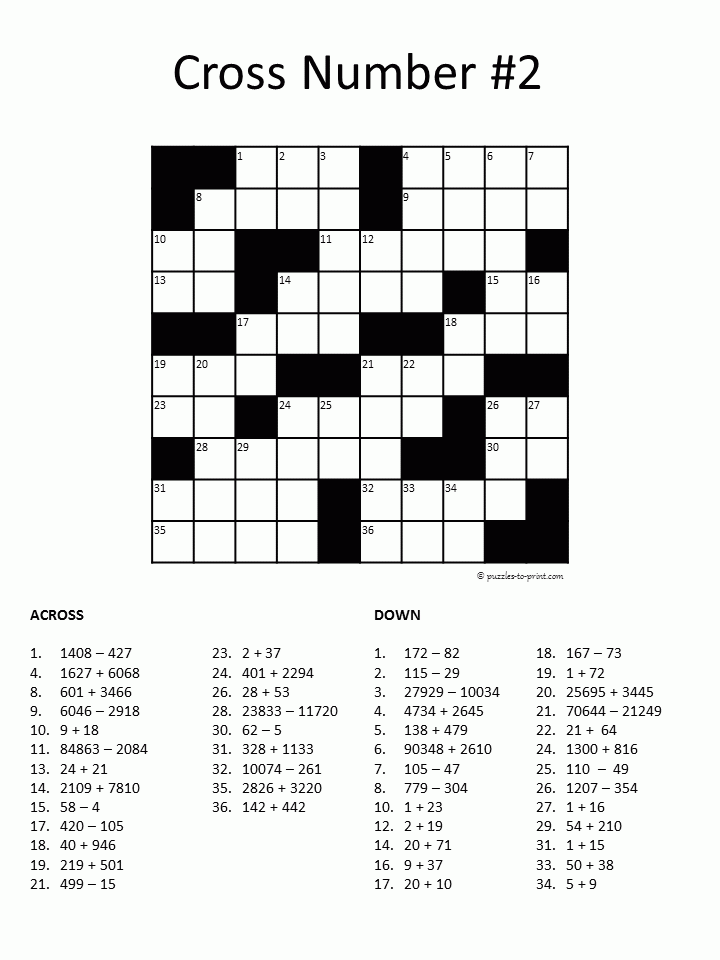 Printable Math Crossword Puzzles