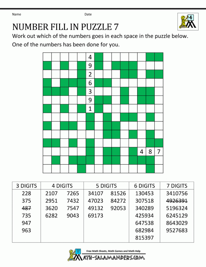 Number Fill In Puzzles Free Printable