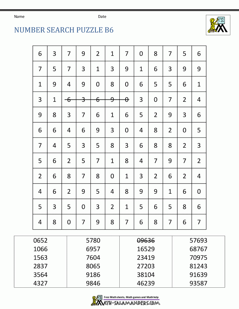 Number Search Puzzle Sheets