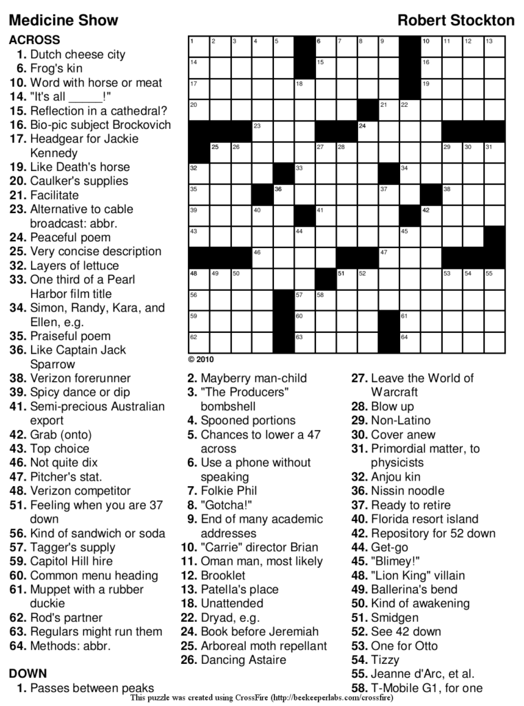 Printable Crossword Puzzles And Solutions