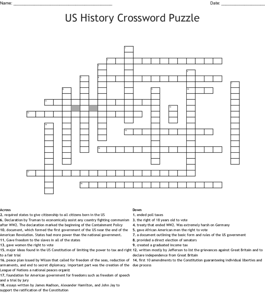 Printable History Crossword Puzzles Printable Crossword