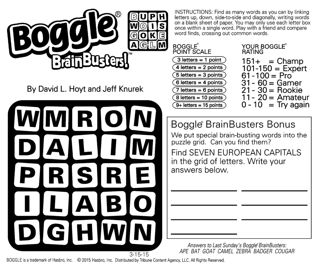 Sample Of Boggle Brainbusters Sunday Square Tribune