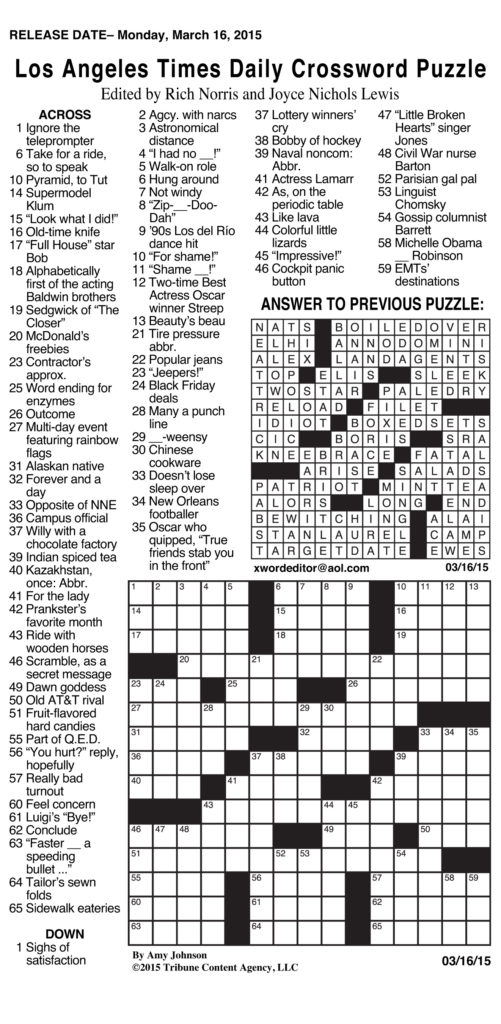 Free La Times Crossword Printable