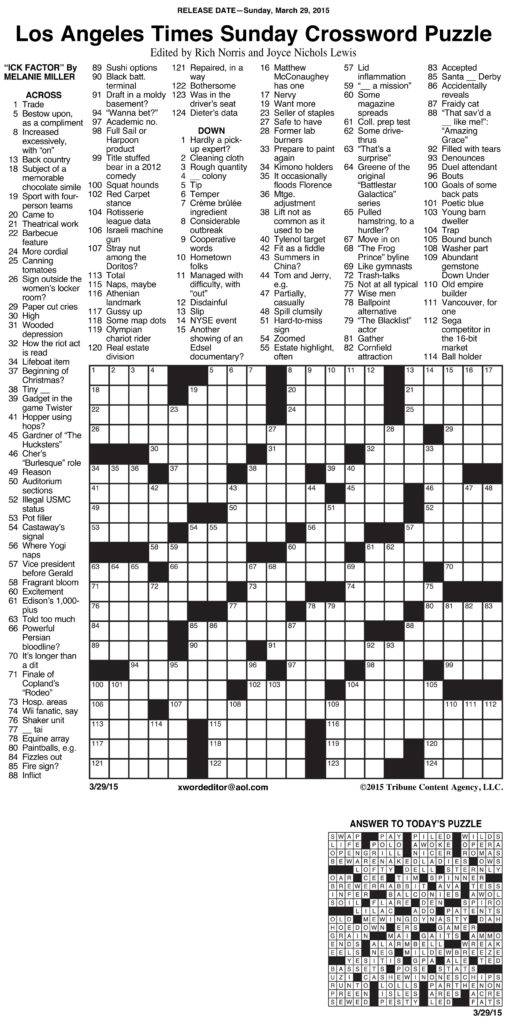 Sample Of Los Angeles Times Sunday Crossword Puzzle