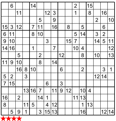 Free Printable 16x16 Sudoku Puzzles