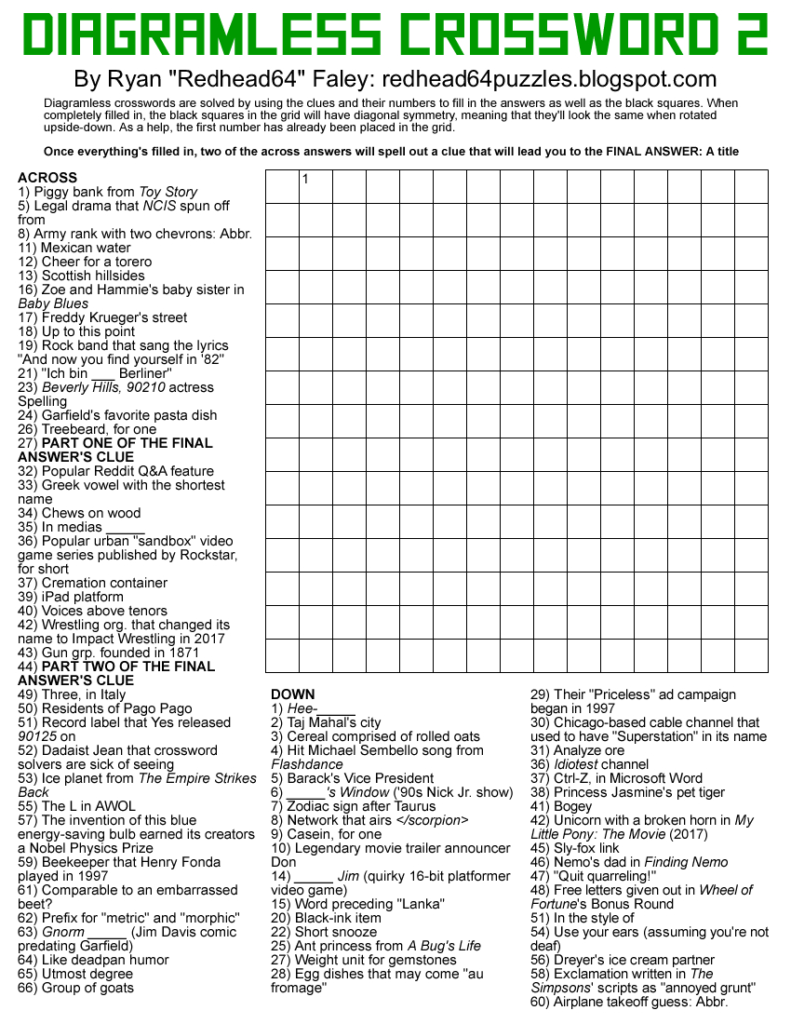 Printable Diagramless Crossword Puzzles