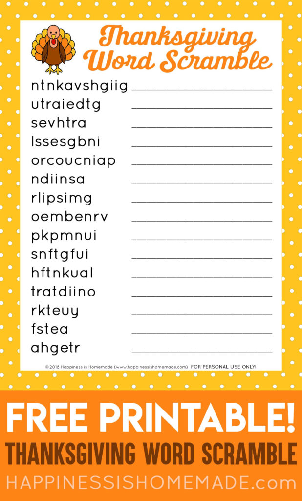 This FREE Printable Thanksgiving Word Scramble Puzzle Is A