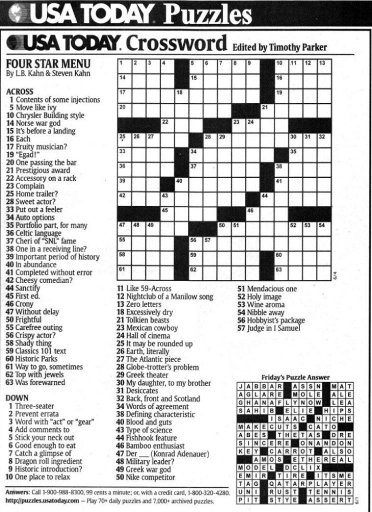 Usa Today Crossword Printable Version Printable