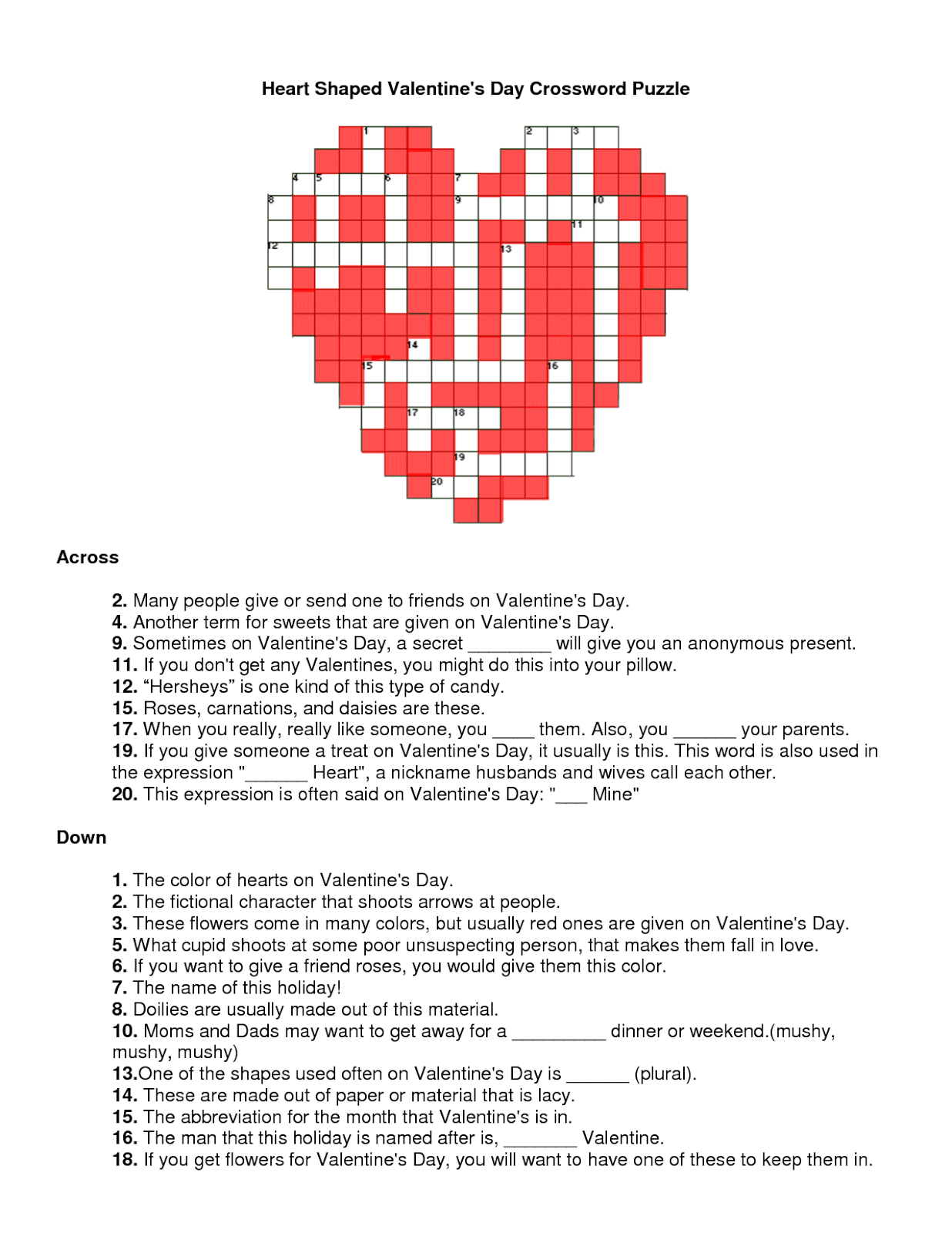 Free Printable Valentine's Day Crossword Puzzles
