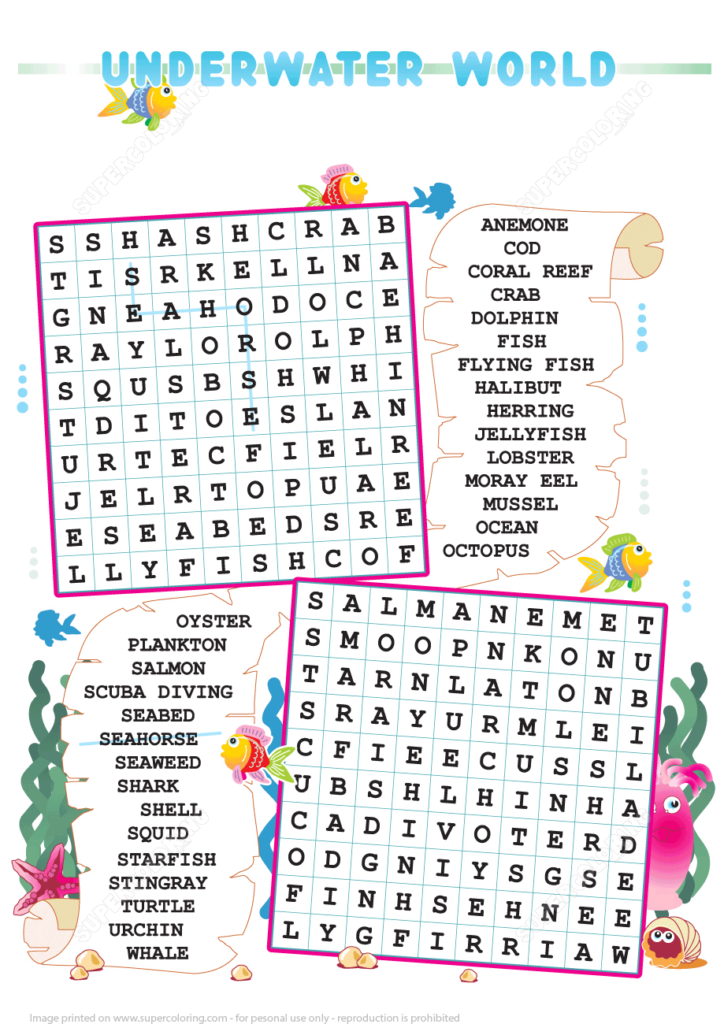 Zigzag Word Search Puzzle With Underwater World Free