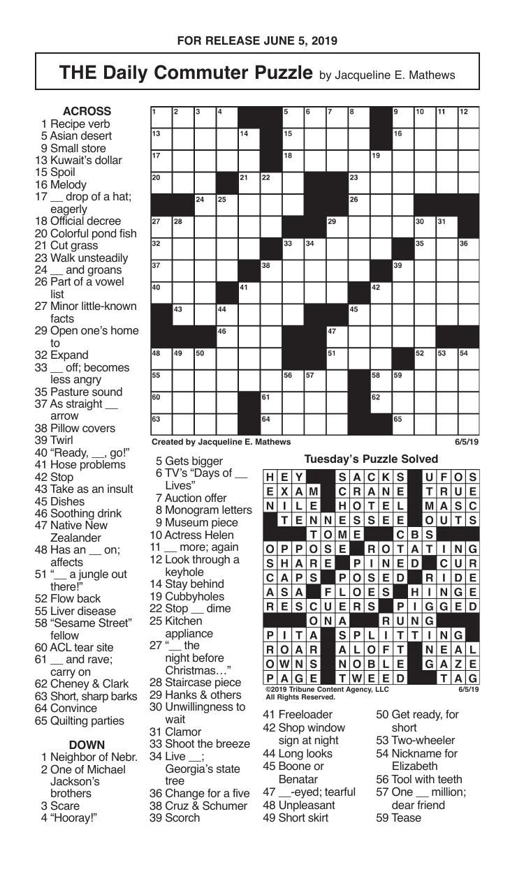 Free Daily Printable Crossword Puzzles June 2019