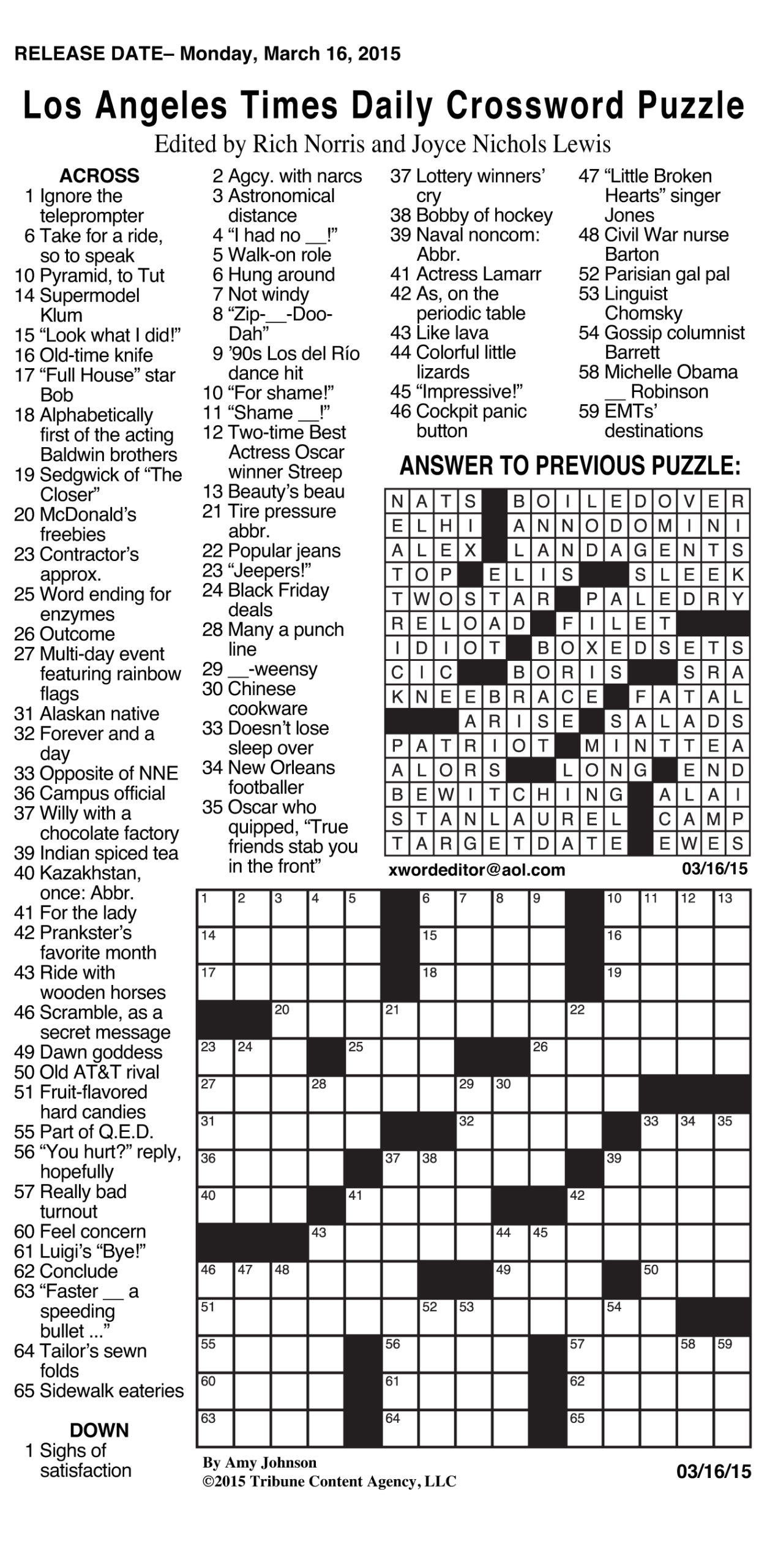 Free Printable Daily Crossword Puzzles 2018