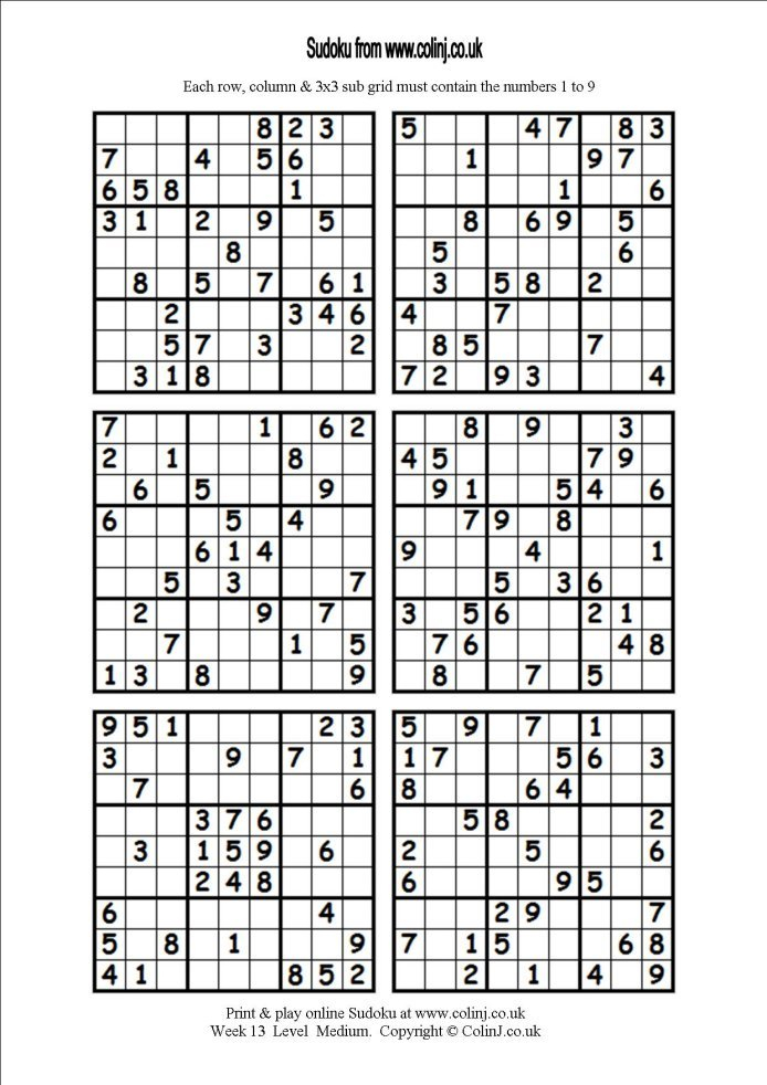 Printable Sudoku Puzzles Free 6 Per Page