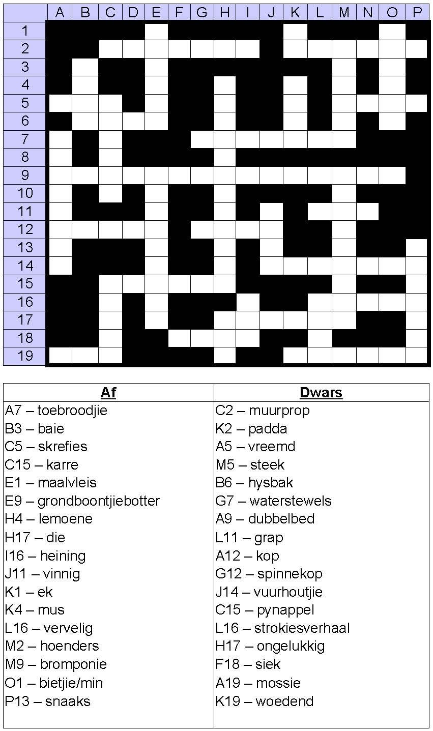 Printable Crossword Puzzles In Afrikaans