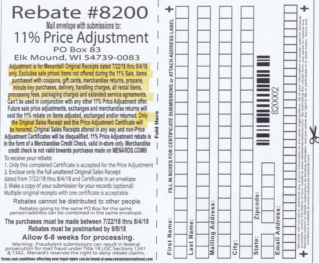 Menards 11 Price Adjustment Rebate 8200 Purchases 7 22