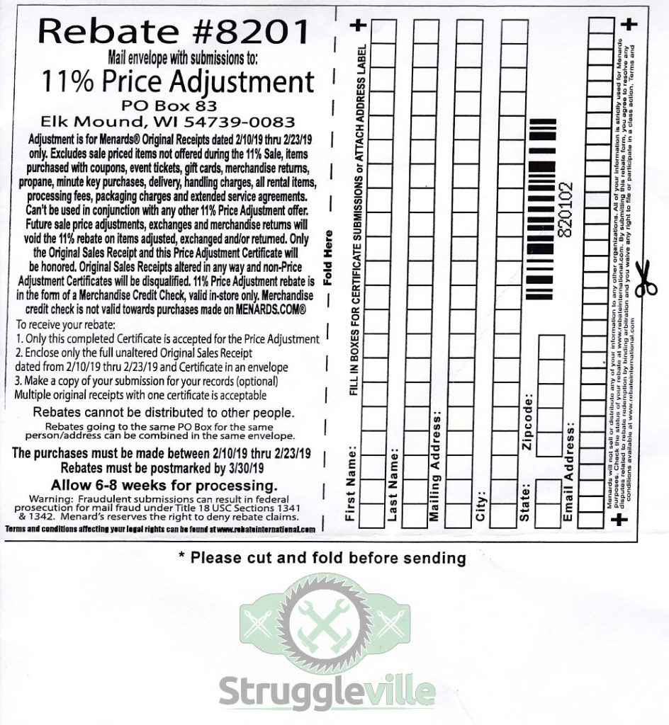 Menards 11 Price Adjustment Rebate 8201 Purchases 2 10