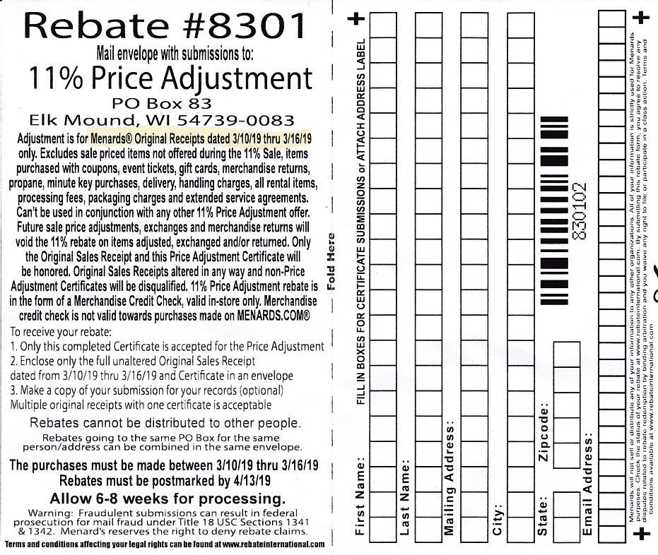 Menards Price Adjustment Rebate Form November 2021