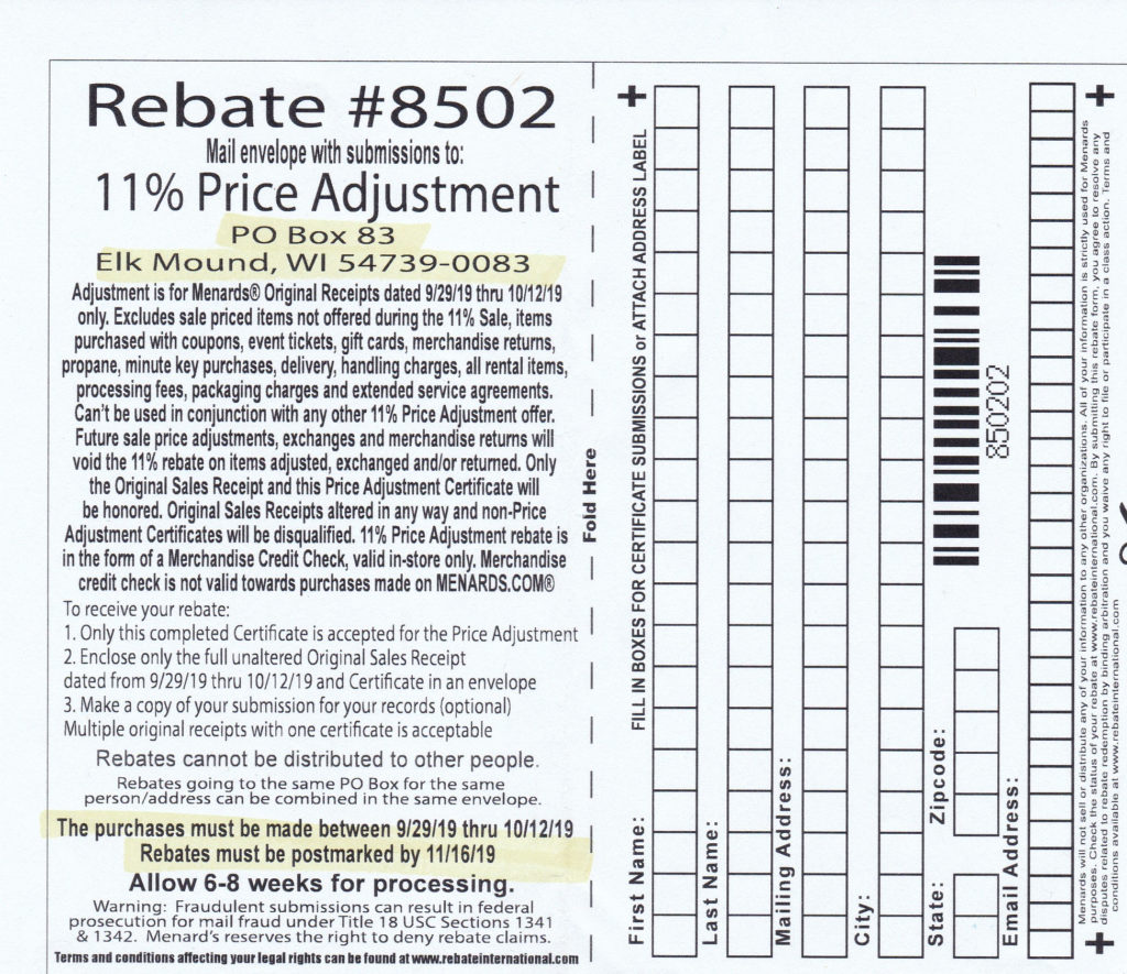 Menards 11 Price Adjustment Rebate Form November 2021