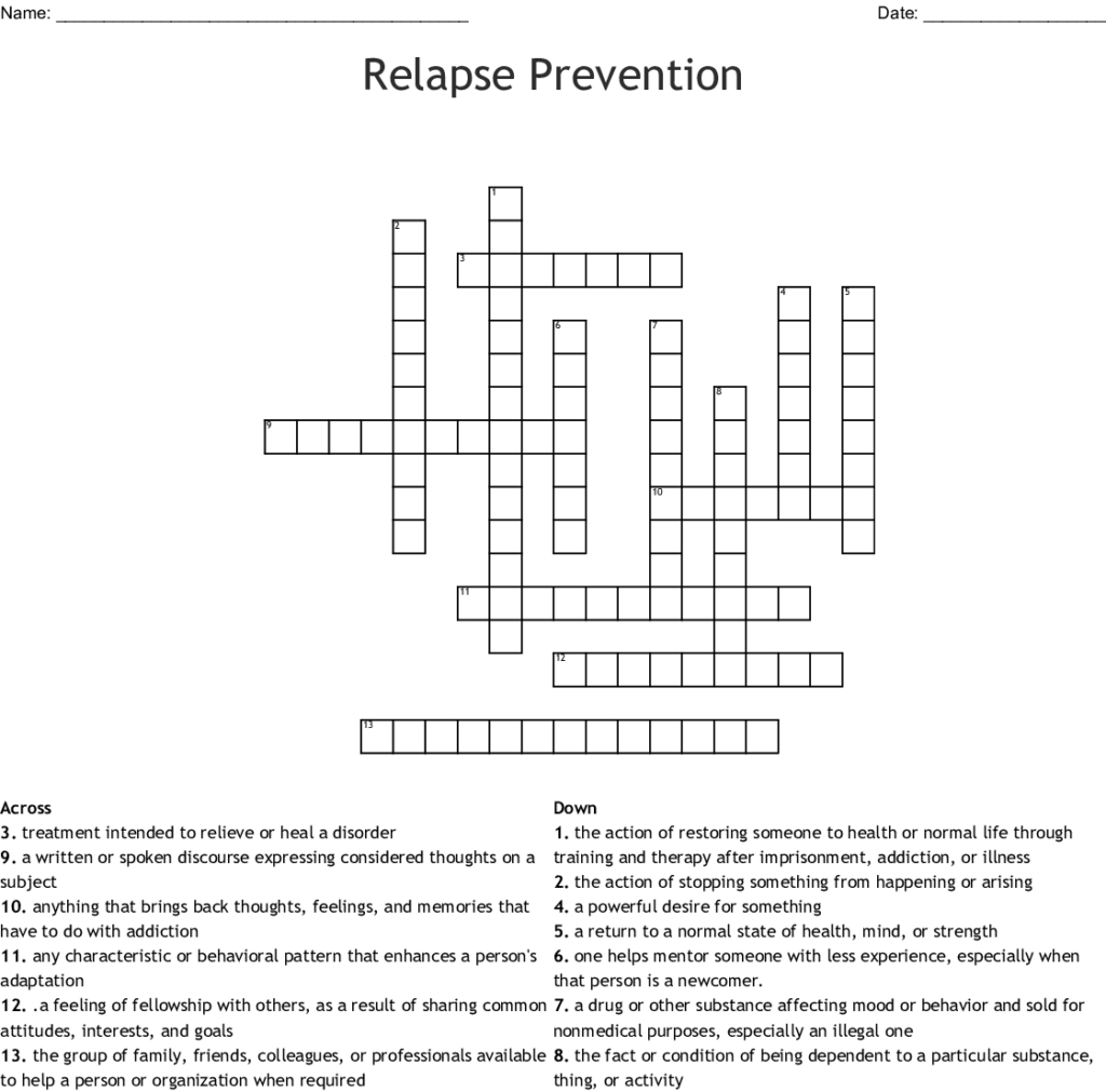Printable Worksheets Printable Recovery Crossword