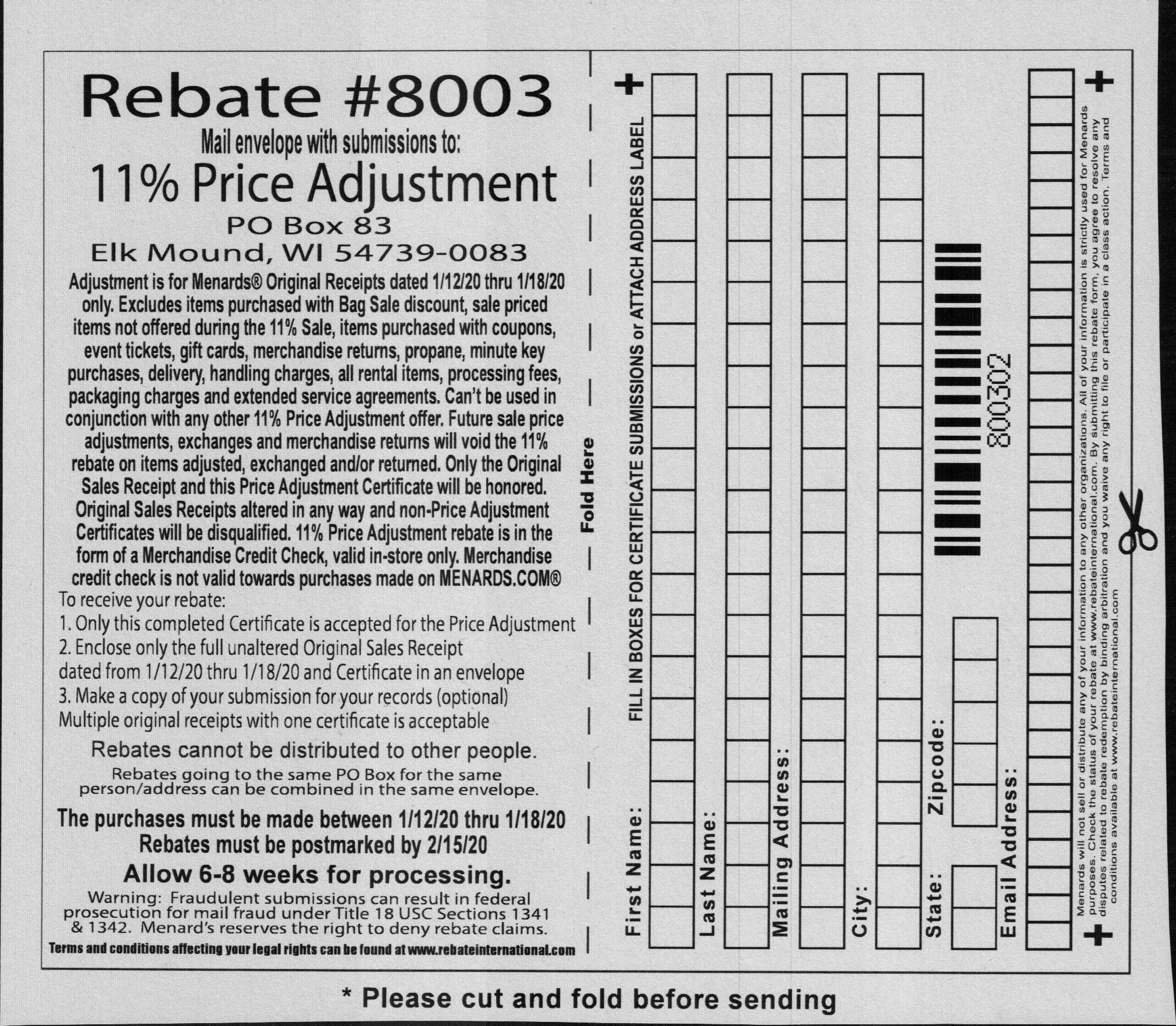 Menards Rebate Adjustment Form