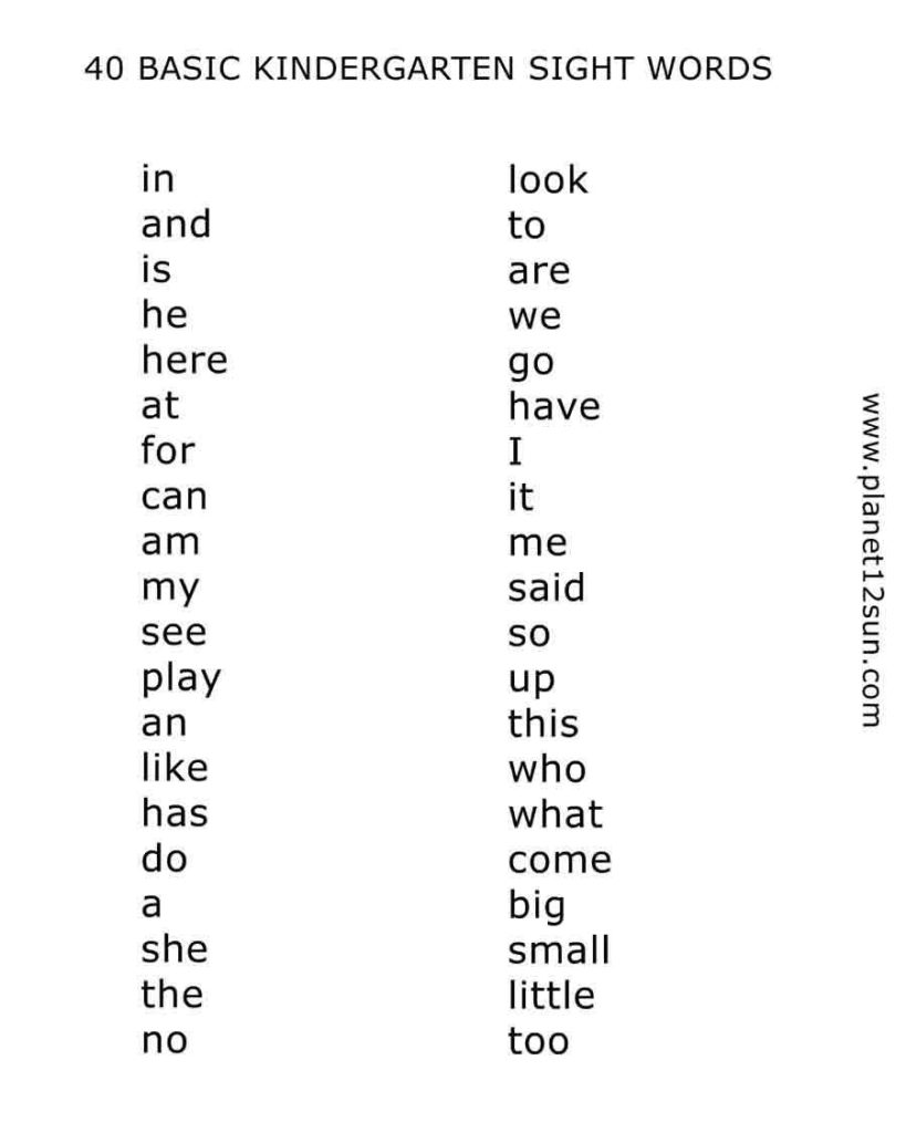 40 Basic Kindergarten Sight Words List Planet12sun