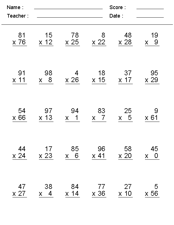 Free Multiplication Worksheets