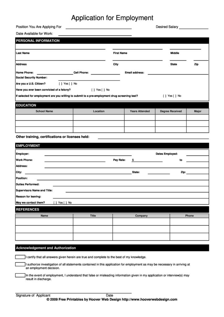 Free Printable Employment Application