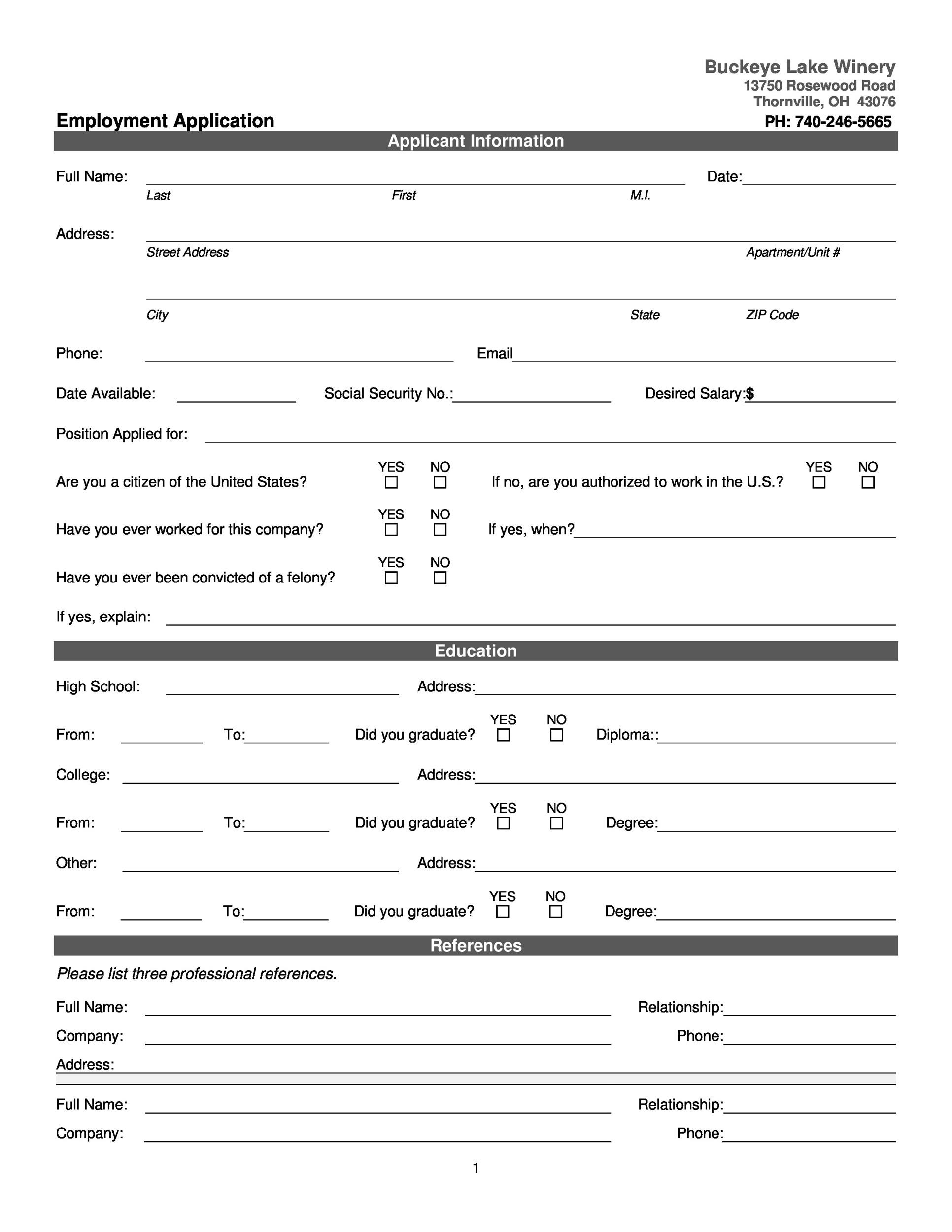 Free Printable Employment Application