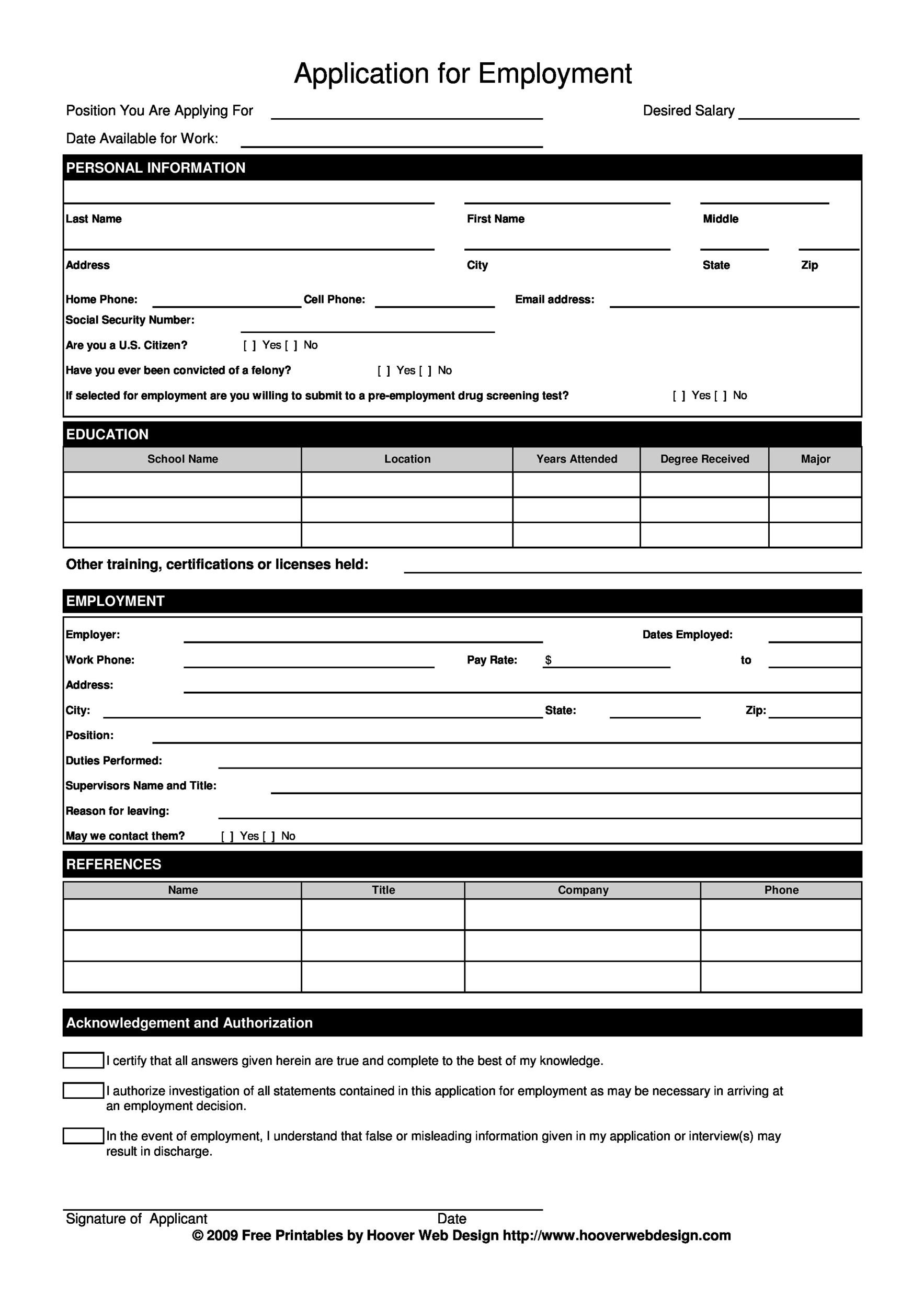 Free Printable Job Application