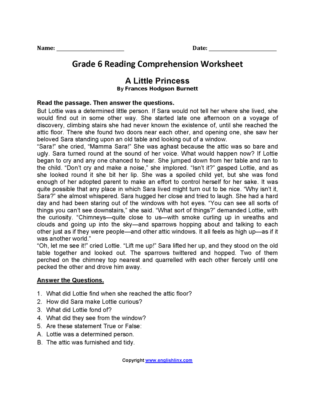 Free Printable 6th Grade Reading Comprehension Worksheets